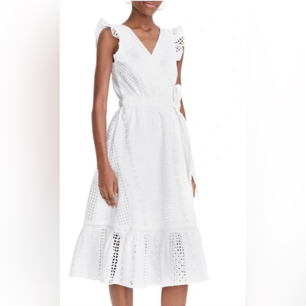 J.Crew White Eyelet Wrap Dress Size 2 Cotton Flutter Sleeve Cottagecore